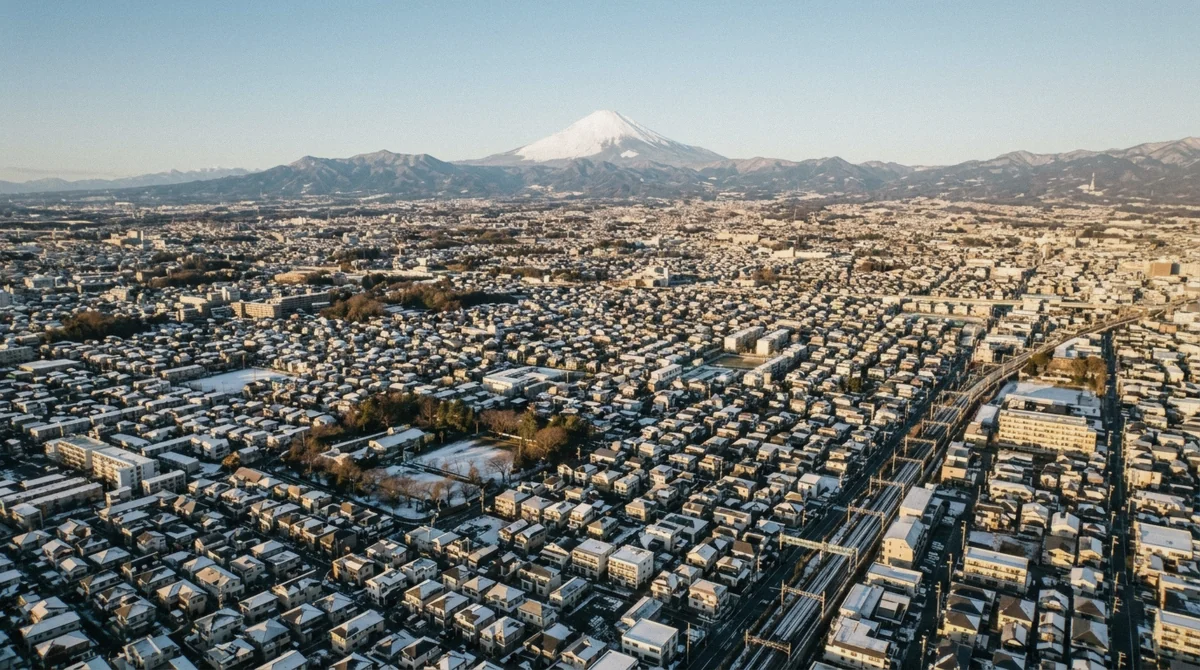 Snow-capped Mount Fuji sharp on the horizon above Tokyo on a clear winter morning, the best time for a Tokyo helicopter tour