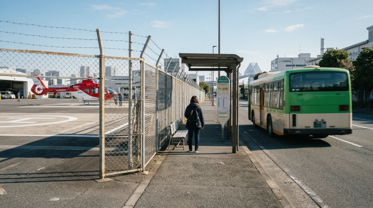 The Toei bus boarding area at Shin-Kiba Station, the transfer stop most travelers use for how to get to Tokyo Heliport by bus