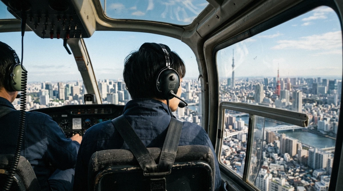 A passenger wearing an aviation headset beside the pilot inside the cabin during a Tokyo helicopter tour over the city