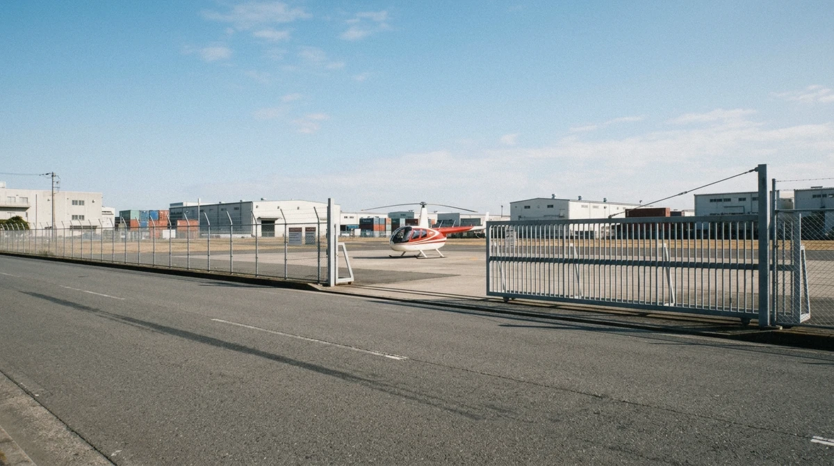 The Toei bus stop and entrance area at Tokyo Heliport, the arrival point for anyone working out how to get to Tokyo Heliport from Shin-Kiba Station