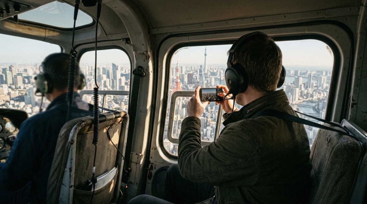 A traveler in an aviation headset photographing Tokyo Skytree through the cabin window on a Tokyo helicopter tour
