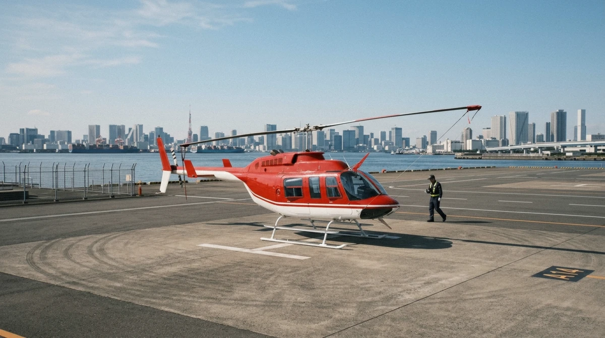 A red-and-white helicopter parked on the Tokyo Heliport pad with a ground crew member checking the aircraft before a Tokyo helicopter tour
