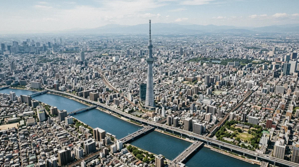 Tokyo Skytree rising above the Sumida River district seen from the air, the landmark you'll see on almost every Tokyo helicopter tour