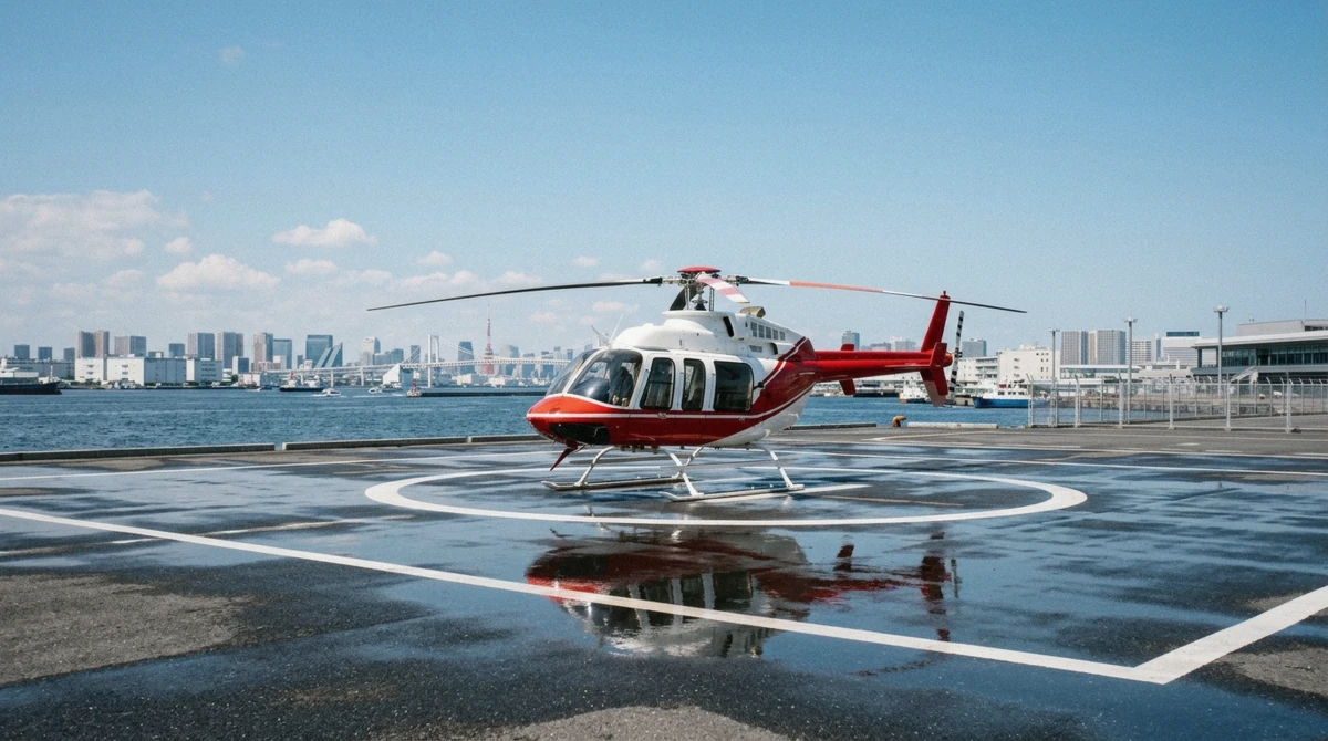 A helicopter waiting on the wet Tokyo Heliport pad under clear blue sky after a shower, cleared to fly once a Tokyo helicopter tour weather call passes