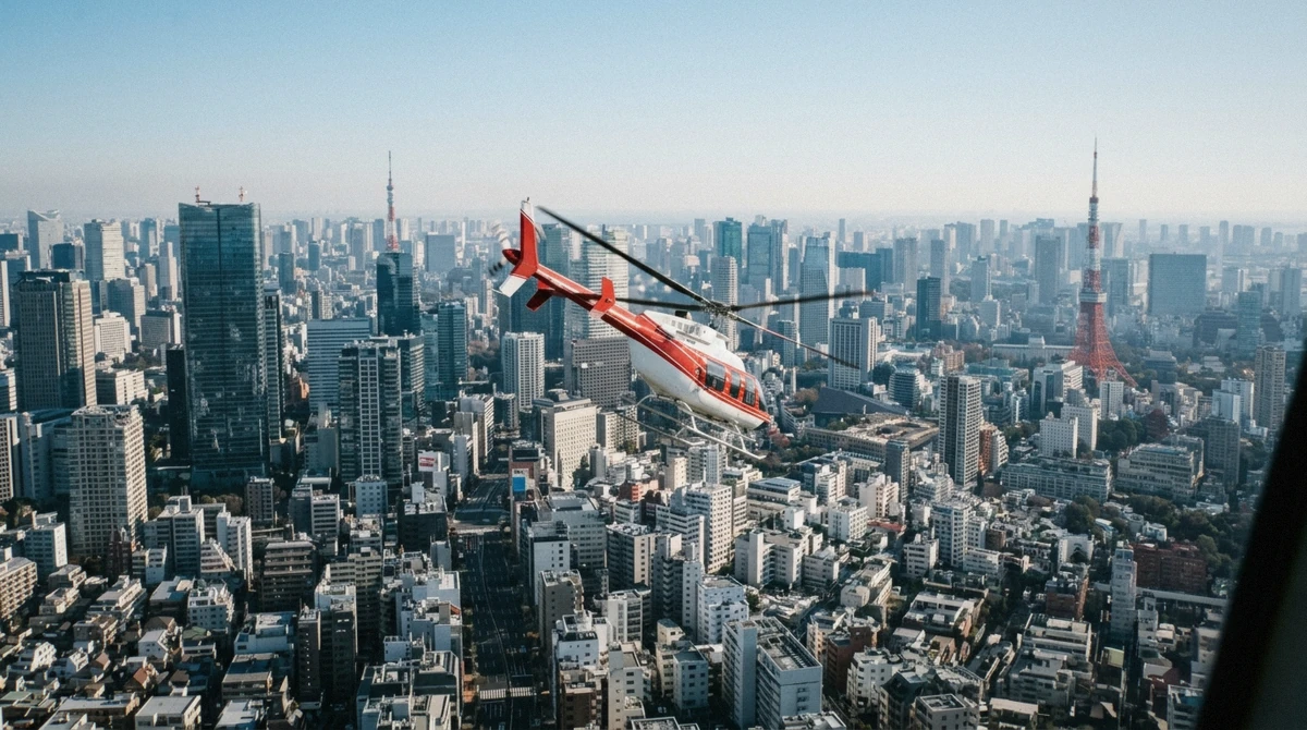 A private red-and-white helicopter banking over the Tokyo skyline with Tokyo Tower below on a clear morning Tokyo helicopter tour