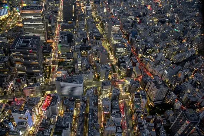 Aerial view of central Tokyo with the Sumida River winding past the skyline on a Tokyo helicopter tour